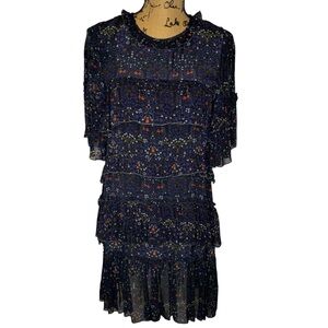 Velvet by Graham and Spencer Tiered Ruffles Flutter Sleeves Navy Floral Dress
